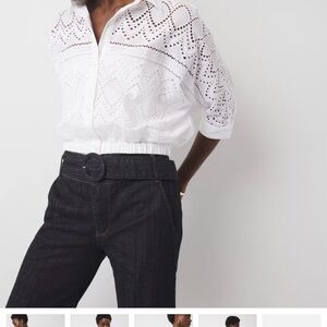 White Eyelet Blouse with Black Belted Pants